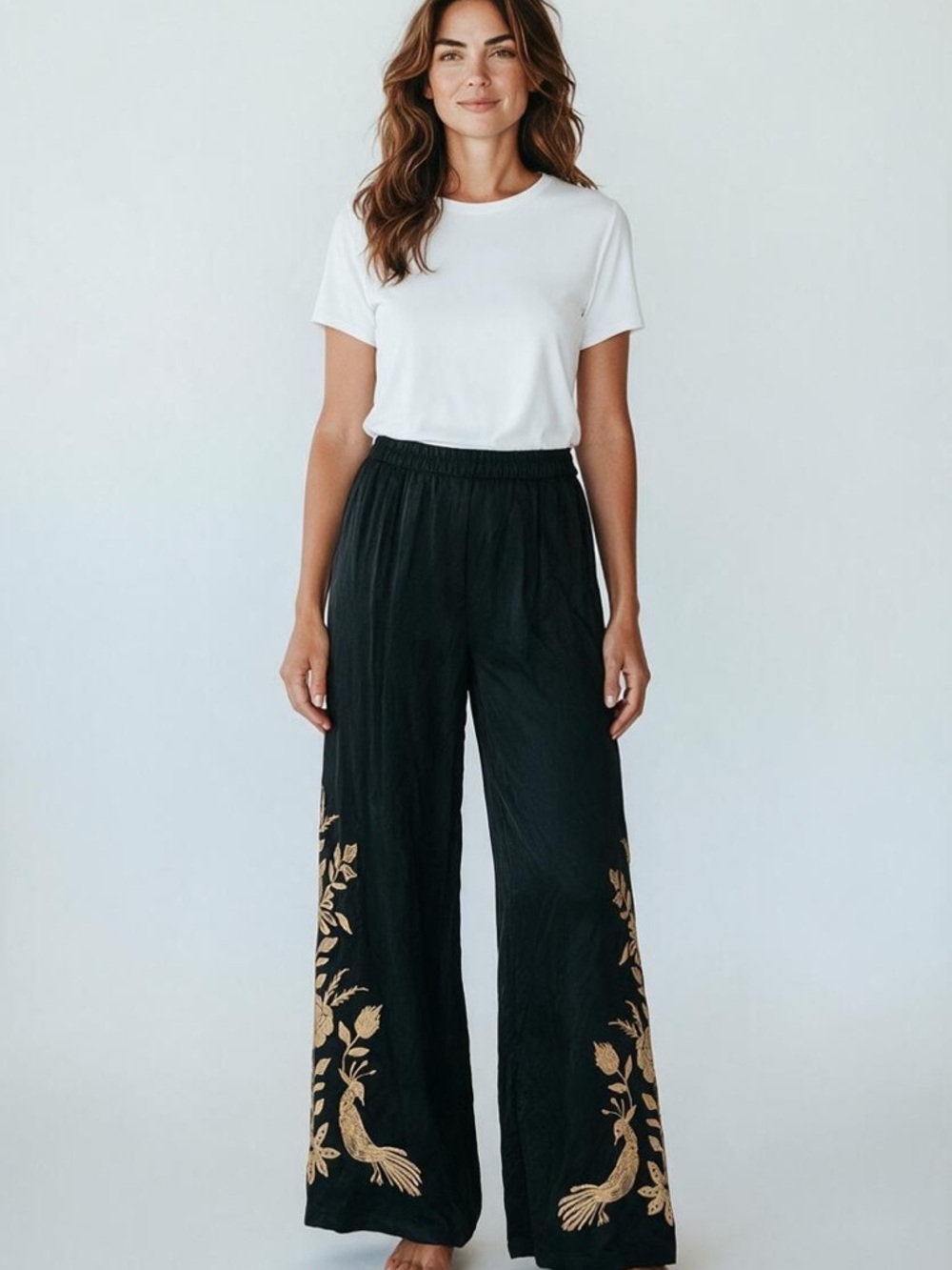 Young Fabulous & Broke Black Wide-Leg Pants with Gold Embroidery